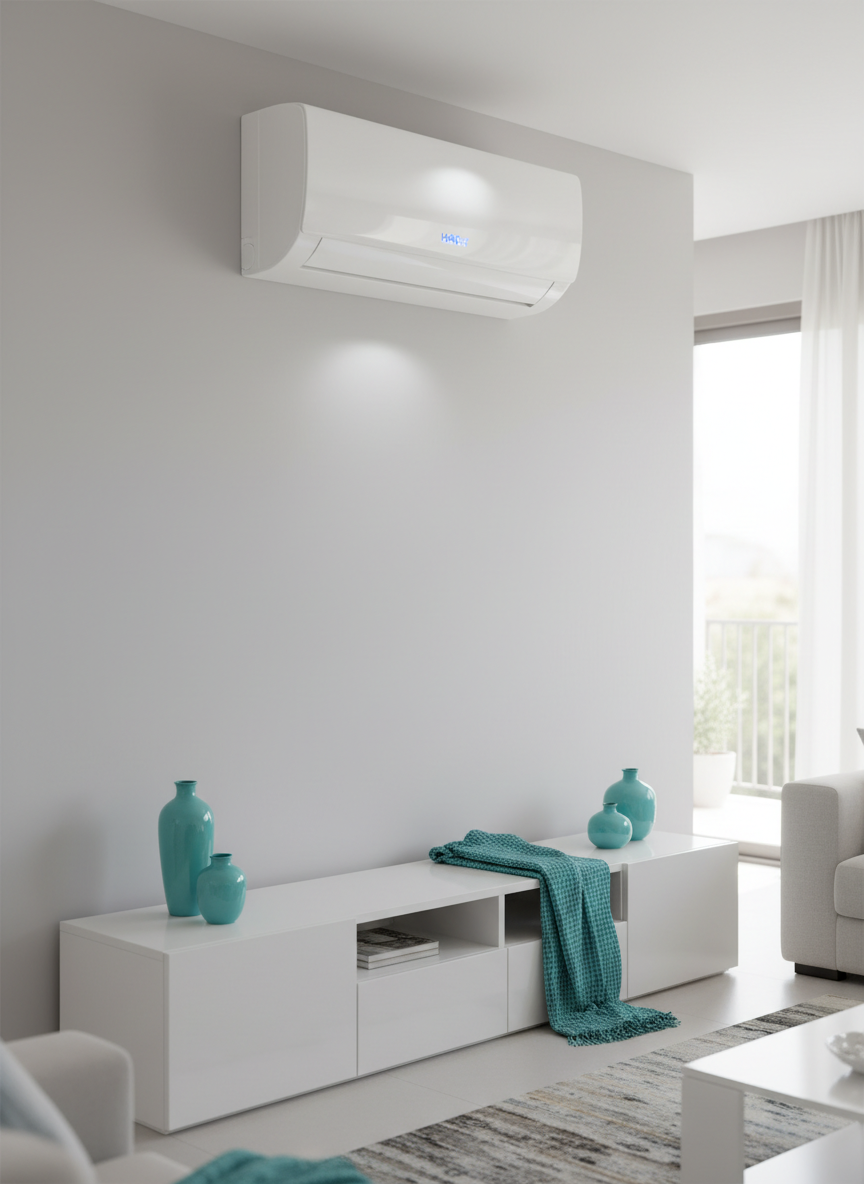 A sleek white HAIER wall-mounted air conditioning unit with a minimalist front panel and subtle LED temperature display, installed high on a pristine light-grey wall of a modern Ibiza living room. Below, a low white media console and a few turquoise decorative accents hint at a Mediterranean style. Soft natural daylight enters from an unseen balcony, creating gentle reflections on the glossy plastic surface and faint shadows beneath the unit. Photographic realism at eye level, with sharp focus on the AC and a slightly blurred background, conveying a professional, reliable climate control service in a clean and modern home environment.