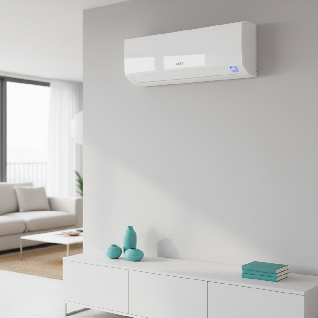 A sleek white HAIER wall-mounted air conditioning unit with a minimalist front panel and subtle LED temperature display, installed high on a pristine light-grey wall of a modern Ibiza living room. Below, a low white media console and a few turquoise decorative accents hint at a Mediterranean style. Soft natural daylight enters from an unseen balcony, creating gentle reflections on the glossy plastic surface and faint shadows beneath the unit. Photographic realism at eye level, with sharp focus on the AC and a slightly blurred background, conveying a professional, reliable climate control service in a clean and modern home environment.