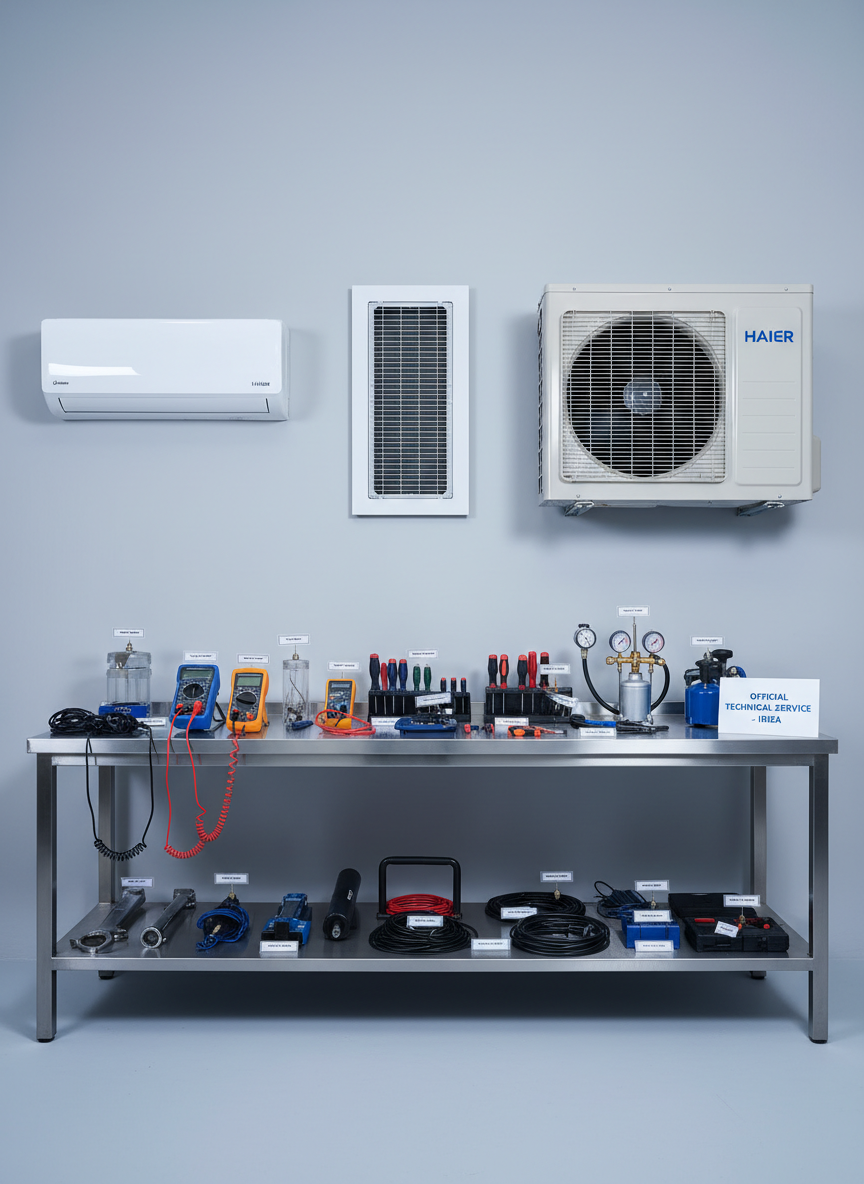A bright, organized technical workspace featuring a row of different HAIER climate control units: a compact wall split, a slim ducted cassette, and a discreet outdoor inverter unit with metallic grille and branded logo. They are arranged against a neutral backdrop with neatly labeled tools and diagnostic equipment on a stainless-steel workbench. Cool, even studio lighting highlights the textures of metal, plastic, and rubber cabling, casting precise, soft shadows. Photographic realism with a slightly elevated angle and sharp focus throughout, creating a professional, trustworthy atmosphere that reflects expert installation, maintenance, and official technical service in Ibiza.
