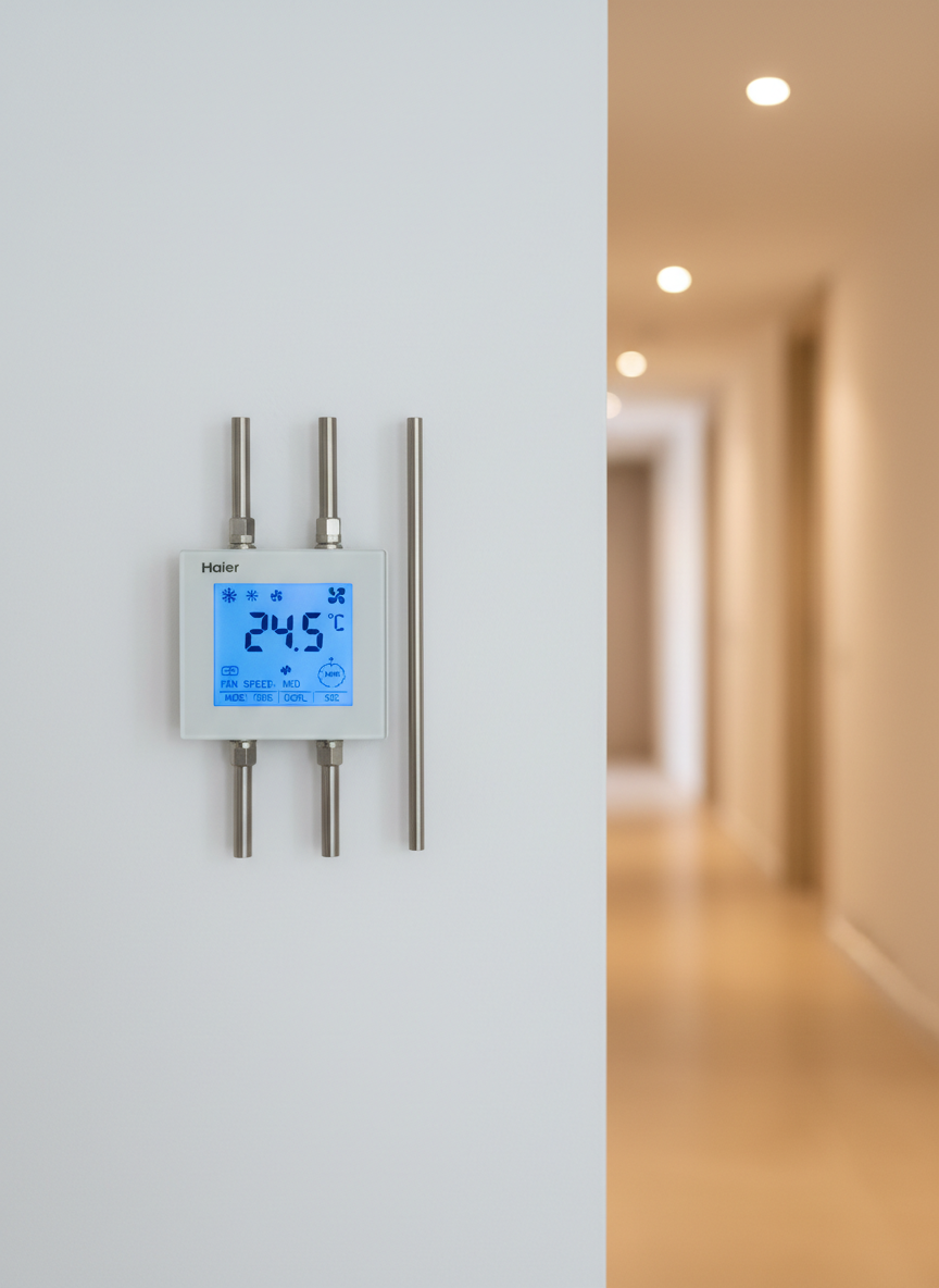 A close-up of a digital climate control hub mounted on a smooth white wall, featuring a HAIER-branded thermostat with a crisp blue-backlit display showing precise temperature and mode settings. Around it, neatly arranged conduits discreetly enter the wall, hinting at hidden plumbing, electrical, and HVAC infrastructure done to high standards. The background reveals a softly focused corridor of a well-maintained Ibiza apartment building with clean lines and light stone flooring. Neutral, soft indoor lighting casts gentle shadows around the thermostat. Photographic realism with shallow depth of field and centered composition conveys technological sophistication, energy efficiency, and professional technical service.