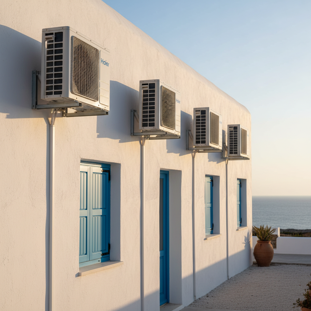 The exterior of a white Ibiza-style building with smooth stucco walls and azure shutters, featuring multiple HAIER outdoor air conditioning units securely mounted along a side façade. The units’ clean white casings, metal grilles, and discreet logos contrast against the warm, sunlit wall. Late afternoon Mediterranean sunlight creates defined shadows and a golden glow on the building, while a glimpse of the sea appears softly blurred in the background. Captured in photographic realism from a three-quarter angle, the composition emphasizes neat, professional installation and reliable cooling in a coastal environment with salt air and heat.