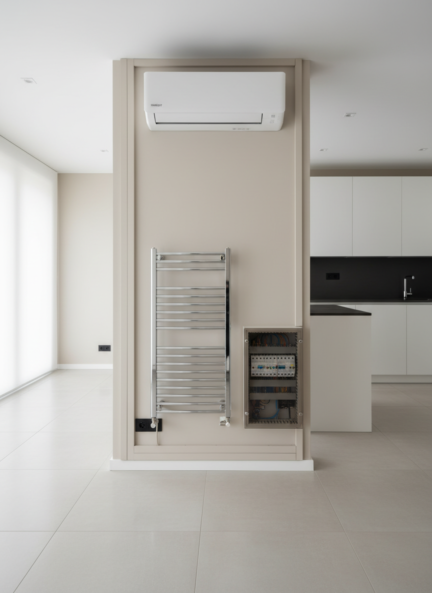 A meticulously installed split HAIER air conditioning system showcased in a modern open-plan interior that subtly integrates climate control, plumbing, and electrical work. The white wall unit is aligned perfectly above a sleek, chrome towel radiator and near a minimalistic electrical panel with neatly labeled breakers. The space has light beige walls, large-format porcelain flooring, and a hint of a contemporary kitchen in the softly blurred background. Diffused overcast daylight enters through a nearby window, creating an even, professional illumination. Photographic realism with an eye-level, wide-angle composition underscores comprehensive, integral maintenance services handled with precision and order.