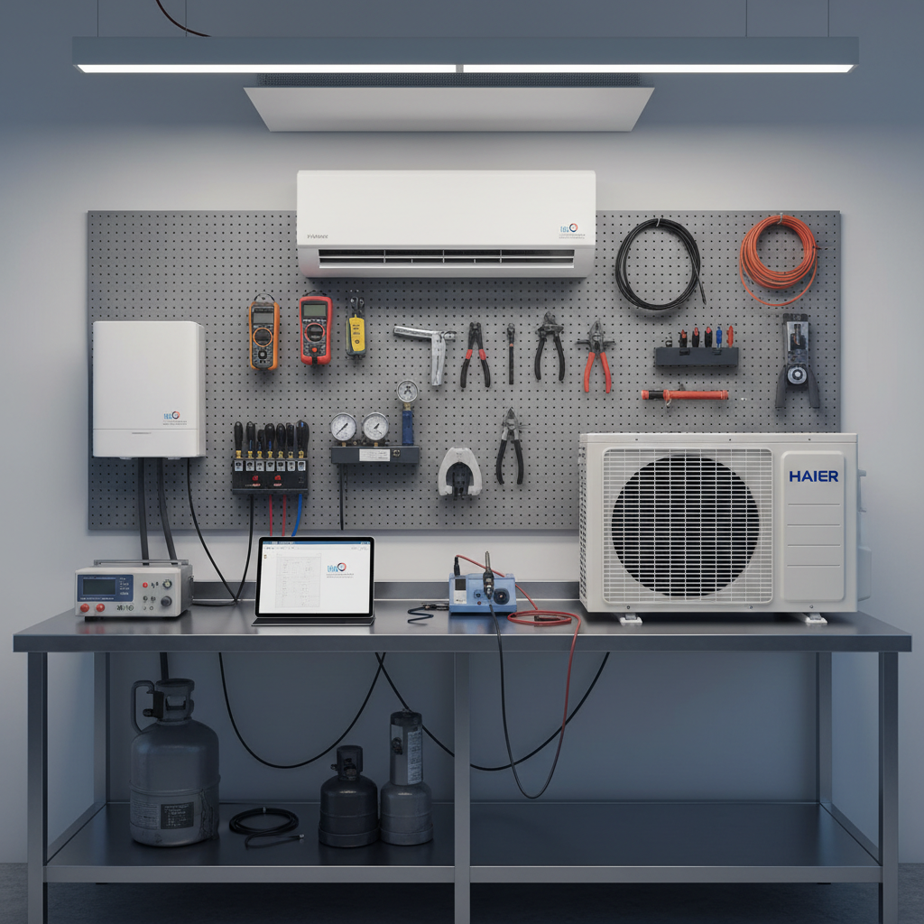 A bright, organized technical workspace featuring a row of different HAIER climate control units: a compact wall split, a slim ducted cassette, and a discreet outdoor inverter unit with metallic grille and branded logo. They are arranged against a neutral backdrop with neatly labeled tools and diagnostic equipment on a stainless-steel workbench. Cool, even studio lighting highlights the textures of metal, plastic, and rubber cabling, casting precise, soft shadows. Photographic realism with a slightly elevated angle and sharp focus throughout, creating a professional, trustworthy atmosphere that reflects expert installation, maintenance, and official technical service in Ibiza.