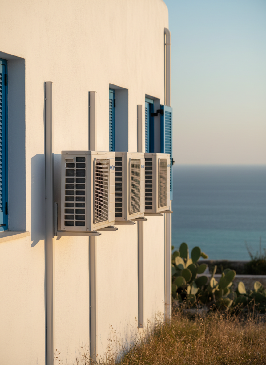 The exterior of a white Ibiza-style building with smooth stucco walls and azure shutters, featuring multiple HAIER outdoor air conditioning units securely mounted along a side façade. The units’ clean white casings, metal grilles, and discreet logos contrast against the warm, sunlit wall. Late afternoon Mediterranean sunlight creates defined shadows and a golden glow on the building, while a glimpse of the sea appears softly blurred in the background. Captured in photographic realism from a three-quarter angle, the composition emphasizes neat, professional installation and reliable cooling in a coastal environment with salt air and heat.